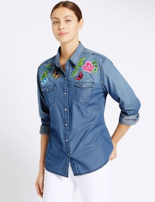 Pure Cotton Denim Embroidered Long Sleeve Shirt