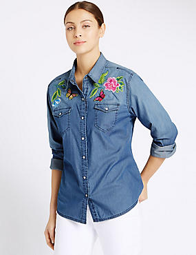 Pure Cotton Denim Embroidered Long Sleeve Shirt