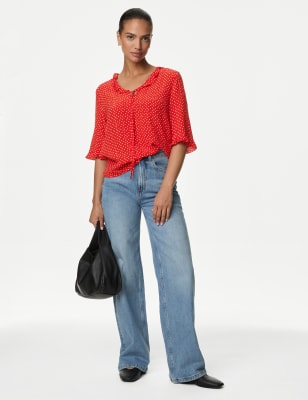 Polka Dot V-Neck Frill Detail Blouse