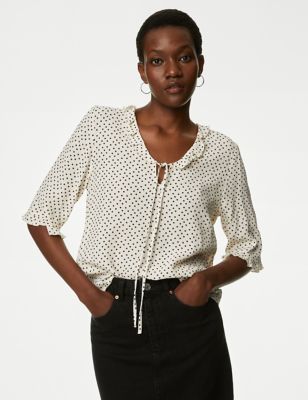 

Womens M&S Collection Polka Dot V-Neck Frill Detail Blouse - Ivory Mix, Ivory Mix