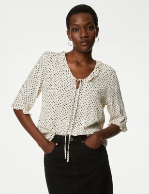 M&S Womens Polka Dot V-Neck Frill Detail Blouse - 10REG - Ivory Mix, Ivory Mix,Red Mix