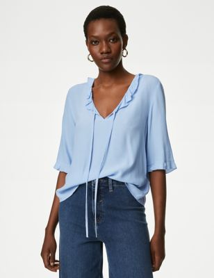 

Womens M&S Collection V-Neck Frill Detail Tie Front Blouse - Ice Blue, Ice Blue