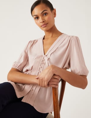 

Womens M&S Collection Pleated Button Through Blouse - Light Pink, Light Pink