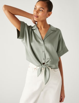 

M&S Collection Camisa de satén con lazo delanteroWomens - Bright Sage, Bright Sage