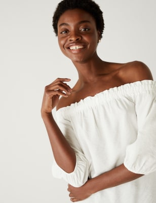 

Womens M&S Collection Frill Detail Off The Shoulder Top - Ivory, Ivory