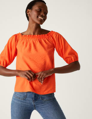 

Womens M&S Collection Frill Detail Off The Shoulder Top - Tangerine, Tangerine