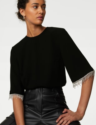 

Womens M&S Collection Diamante Trim Top - Black, Black