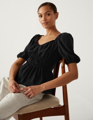 

Womens M&S Collection Waisted Puff Sleeve Blouse - Black, Black