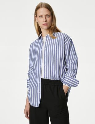 Cotton Blend Striped Collared Shirt