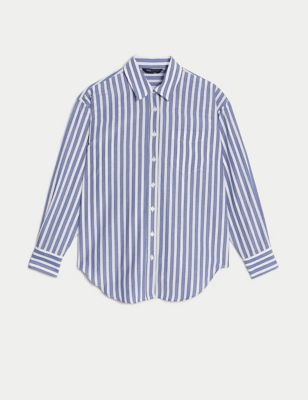 Cotton Blend Striped Collared Shirt