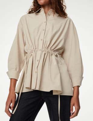 

Womens M&S Collection Tailliertes Hemd aus reiner Baumwolle mit Bindedetail vorne - Neutral, Neutral