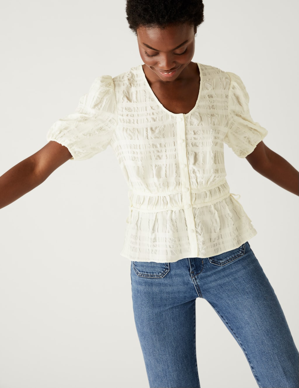 Textured V-Neck Button Through Blouse image 1