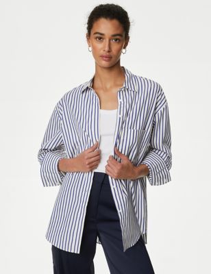 M&S Womens Pure Cotton Striped Collared Shirt - 10REG - Blue Mix, Blue Mix
