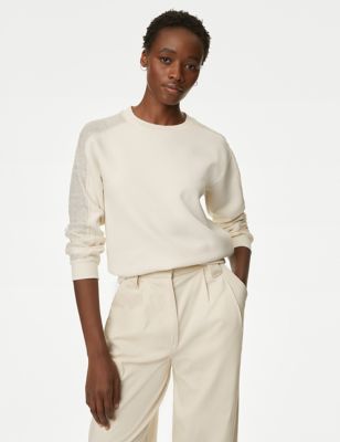 M&S Womens Cotton Rich Lace Detail Sweatshirt - 6REG - Ecru, Ecru,Blue