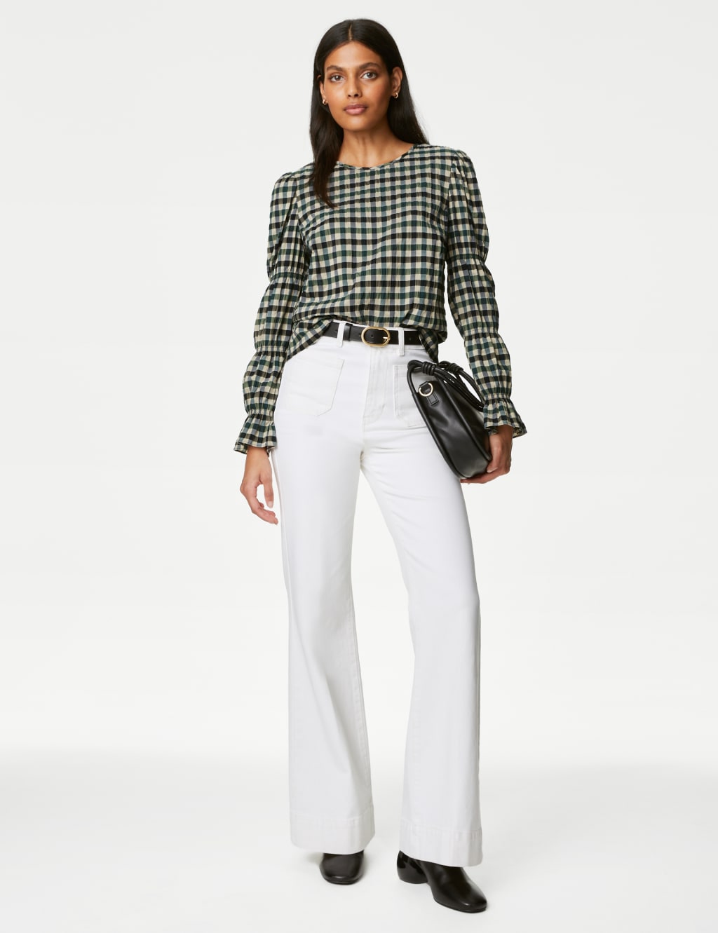 Cotton Blend Checked Shirred Blouse image 3