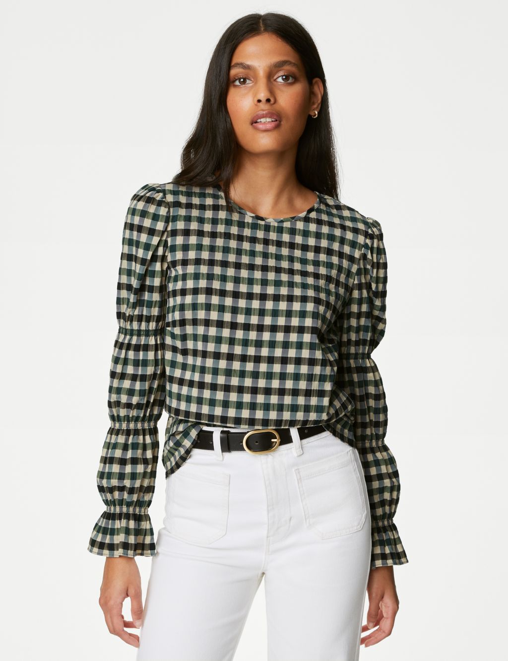 Cotton Blend Checked Shirred Blouse image 4