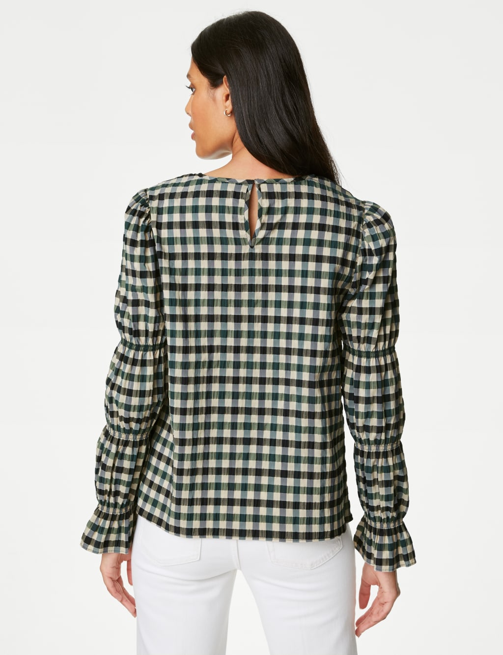Cotton Blend Checked Shirred Blouse image 5