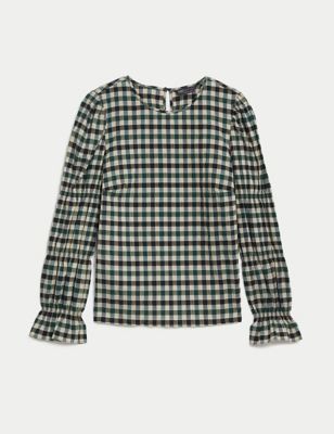 Cotton Blend Checked Shirred Blouse