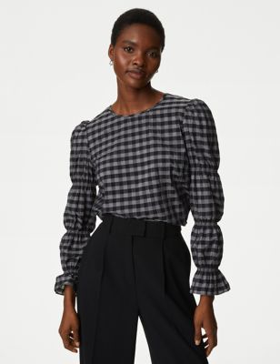 Cotton Blend Checked Shirred Blouse