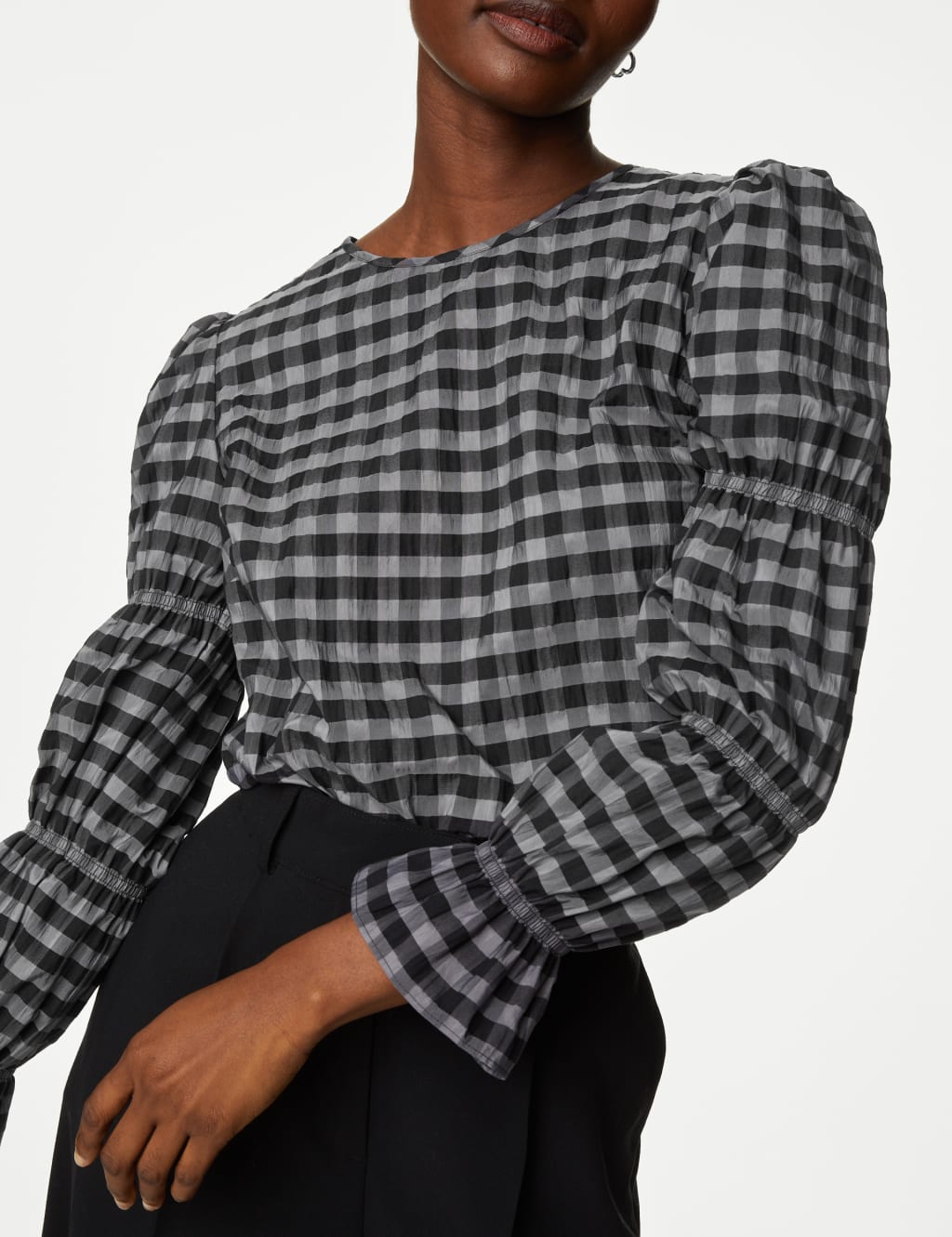 Cotton Blend Checked Shirred Blouse image 3
