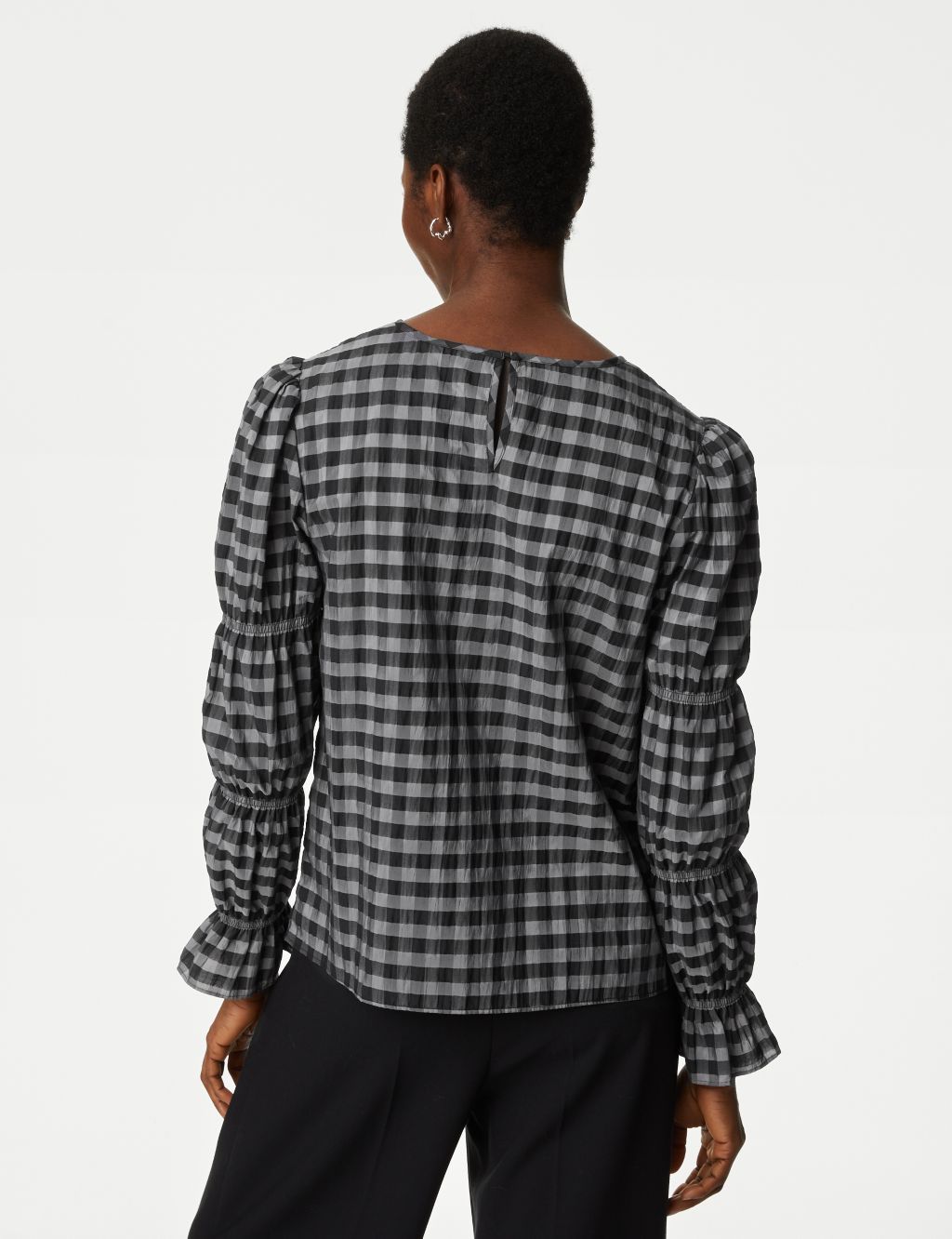 Cotton Blend Checked Shirred Blouse image 5