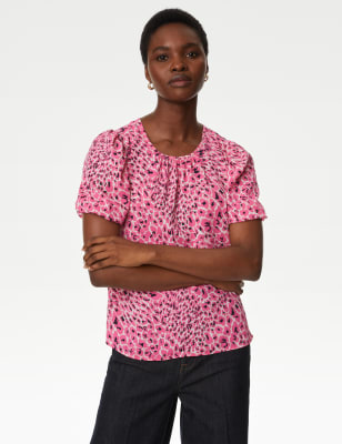 

Womens M&S Collection Gemustertes Oberteil mit Plisseedetail - Pink Mix, Pink Mix