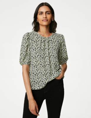 

Womens M&S Collection Gemustertes Oberteil mit Plisseedetail - Ivory Mix, Ivory Mix