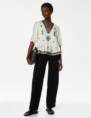 

Womens M&S Collection Embroidered V-Neck Blouse - Ivory Mix, Ivory Mix