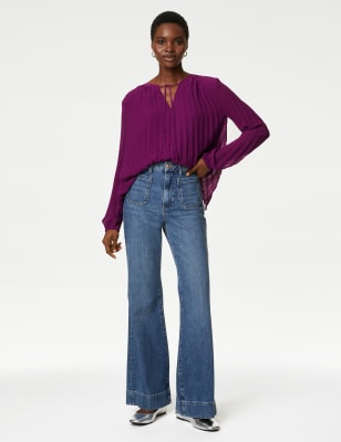 Pleated Tie Neck Popover Blouse