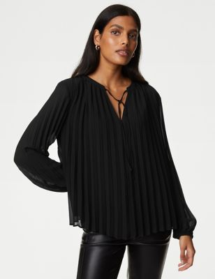 Pleated Tie Neck Popover Blouse - VN