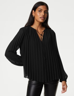 Pleated Tie Neck Popover Blouse - ID