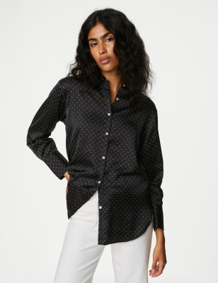 

Womens M&S Collection Satin Polka Dot Collared Shirt - Black Mix, Black Mix