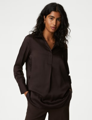 

Womens M&S Collection Popover-Bluse aus Satin mit Kragen - Bitter Chocolate, Bitter Chocolate