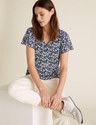  Top à manches bouffantes, col en V et motif fleuri - Navy Mix