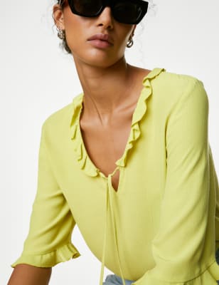 

Womens M&S Collection V-Neck Frill Detail Popover Blouse - Lime, Lime
