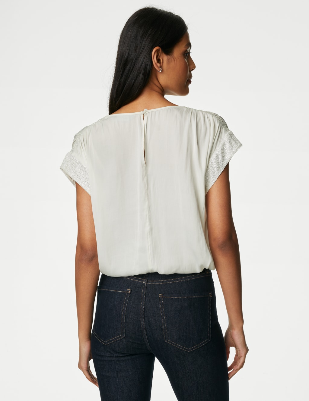 Satin Sequin Round Neck Drawstring Blouse image 5
