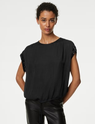 

Womens M&S Collection Satin Sequin Round Neck Drawstring Blouse - Black, Black