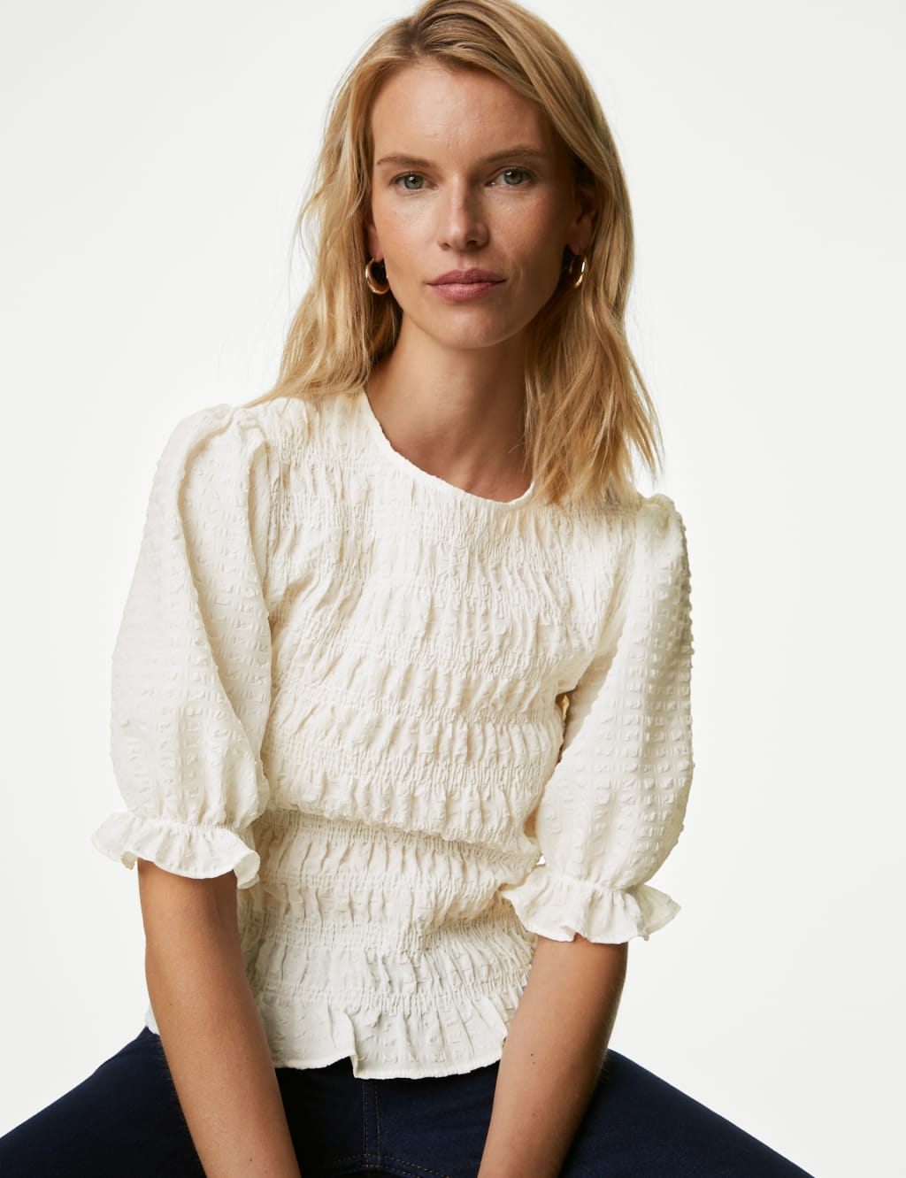 Textured Round Neck Shirred Waisted Blouse image 1