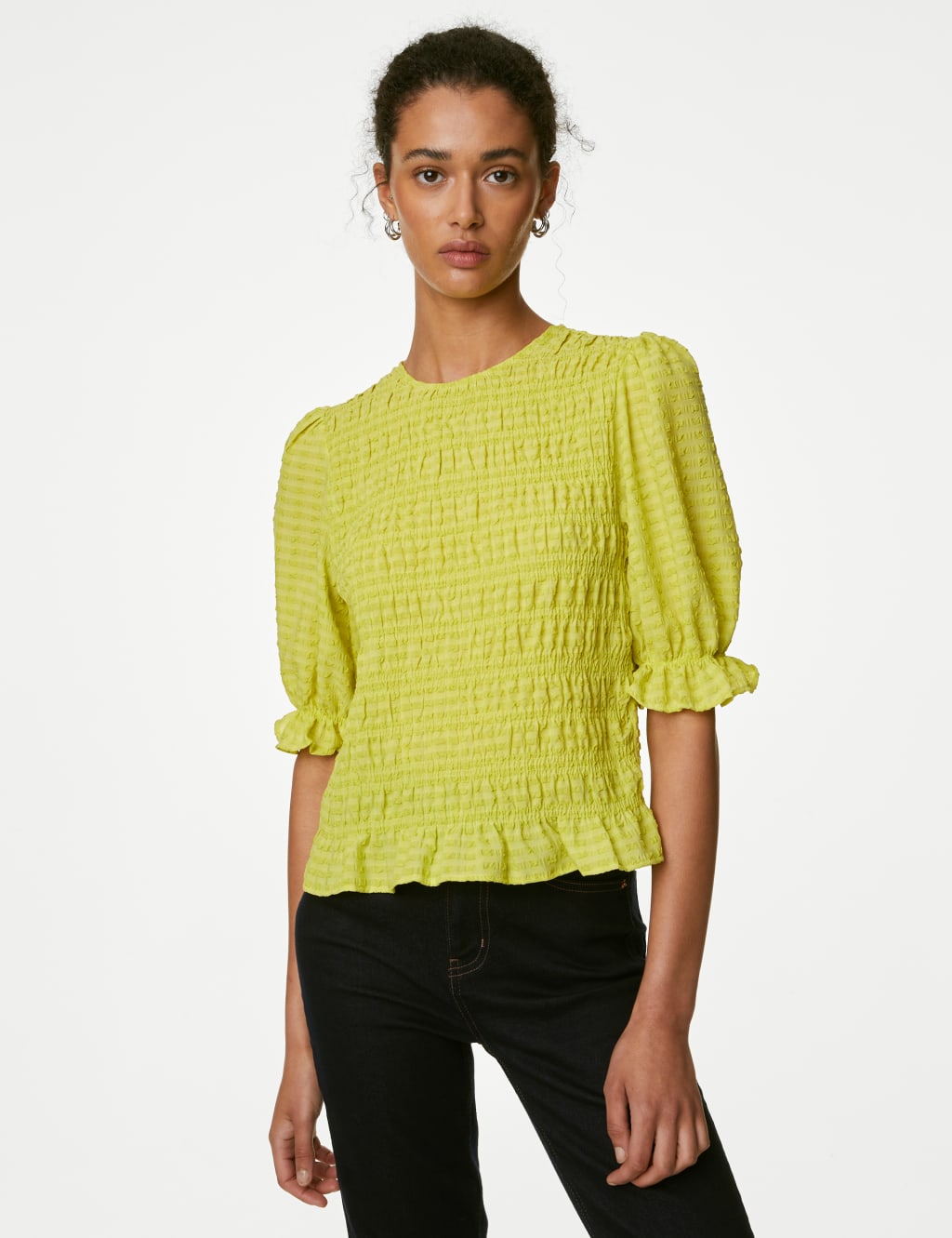 Textured Round Neck Shirred Waisted Blouse image 1