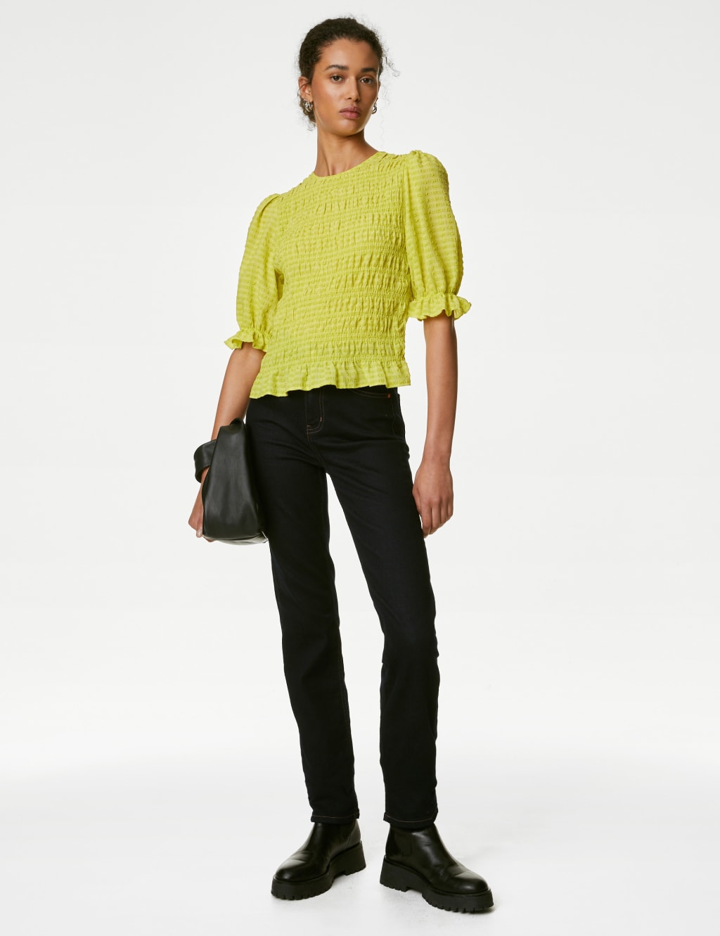 Textured Round Neck Shirred Waisted Blouse image 4