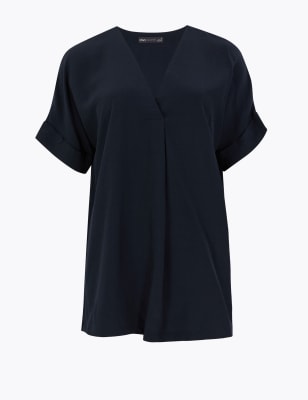 Lange popover-blouse met korte mouwen en V-hals
