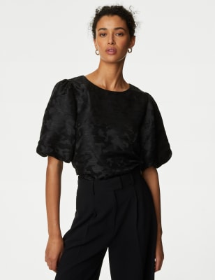 Jacquard Round Neck Puff Sleeve Blouse