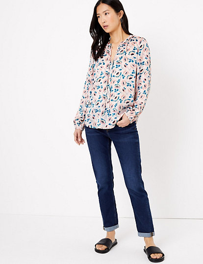Floral Tie Neck Long Sleeve Blouse