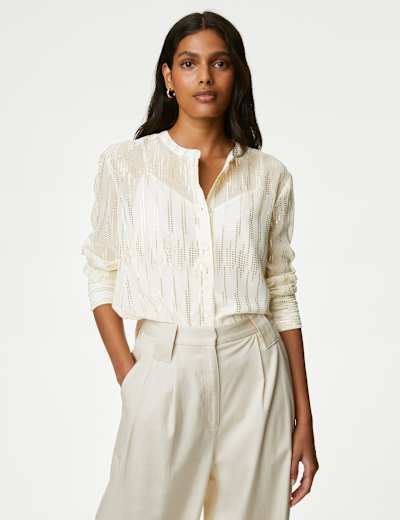 Sheer Foil Print Collared Shirt