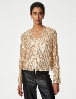 

Womens M&S Collection Sequin V-Neck Tie Front Blouse - Champagne, Champagne