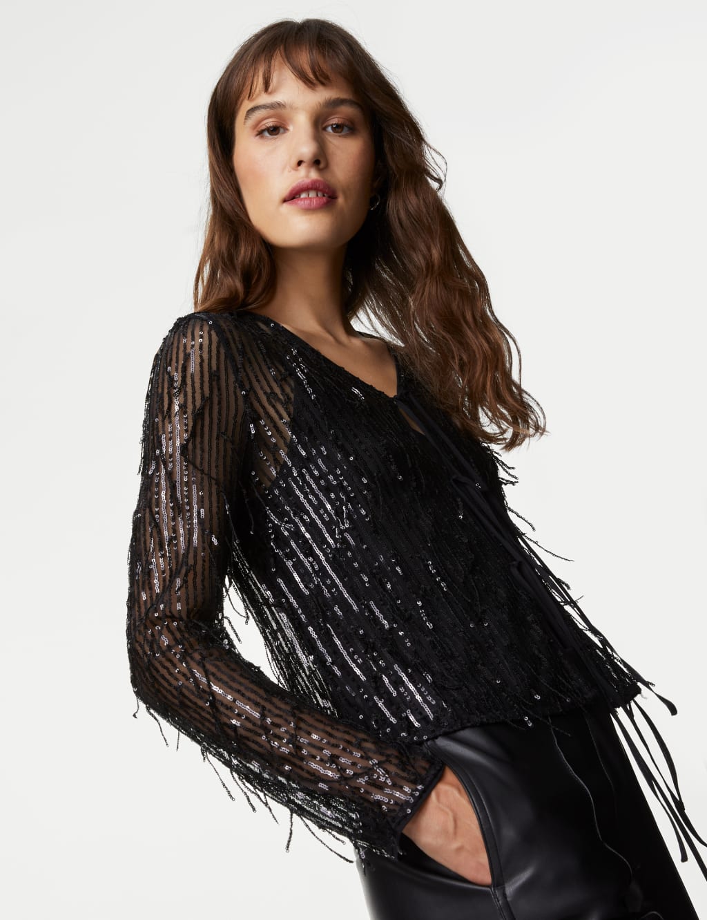 Sequin V-Neck Tie Front Blouse image 1