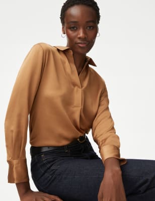 M&S Womens Satin Collared Popover Blouse - 18REG - Soft Bronze, Soft Bronze