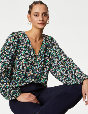 Floral V-Neck Button Detail Blouse - NO