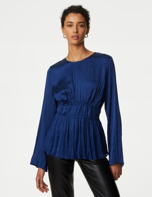 

Womens M&S Collection Satin Textured Round Neck Waisted Blouse - Dark Blue, Dark Blue