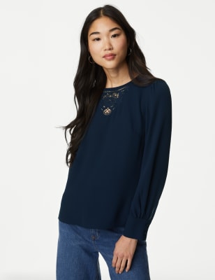 

Womens M&S Collection Embroidered Top - Navy, Navy